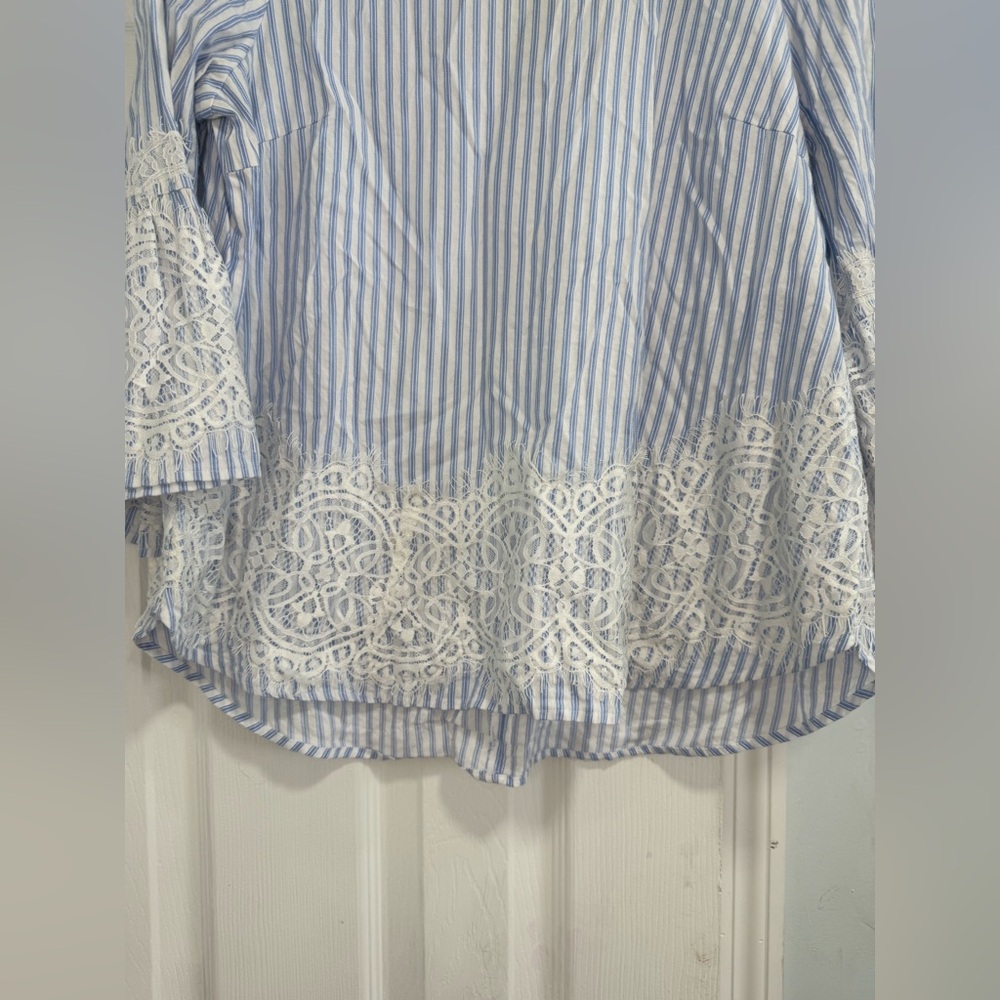 Chic Blue Striped Lace Blouse - Picture 2 of 10